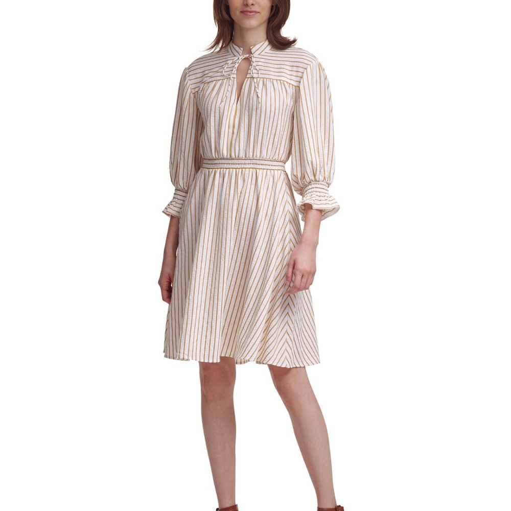 Textured Stripe Balloon- Sleeve Dress